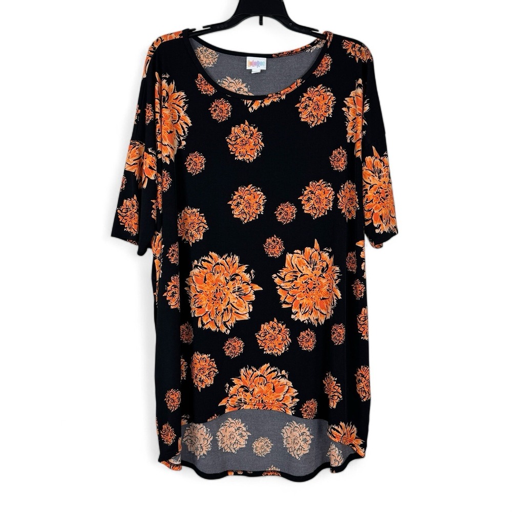Lularoe Irma Top Womens Size Large Black With Orange Floral Poly Blend Stretch